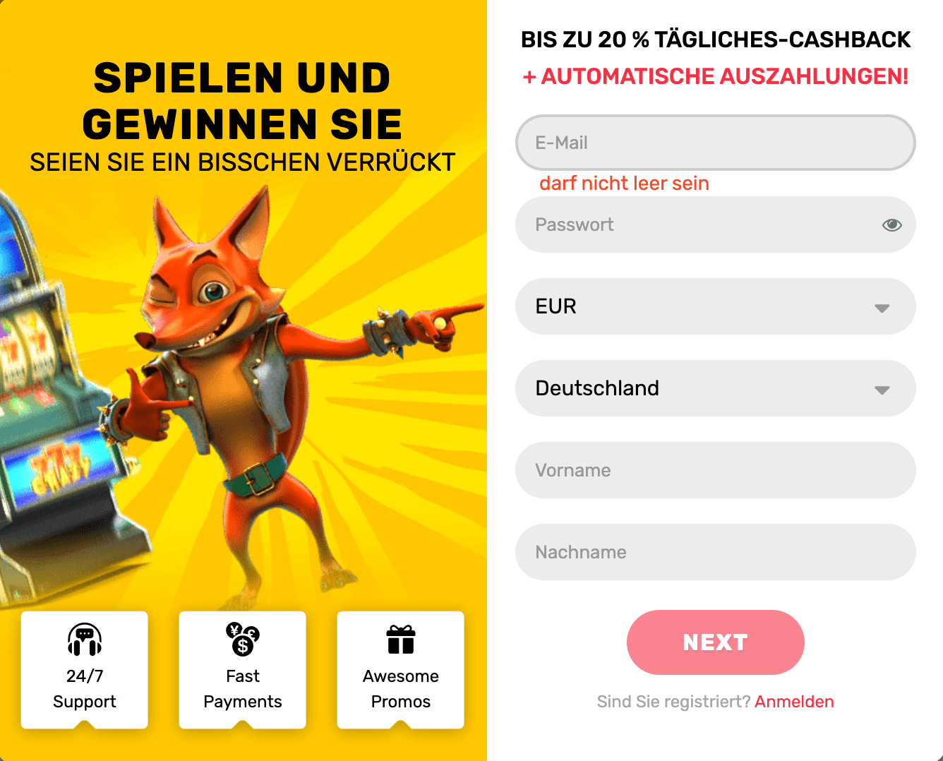 Registrierung im Crazyfox Casino